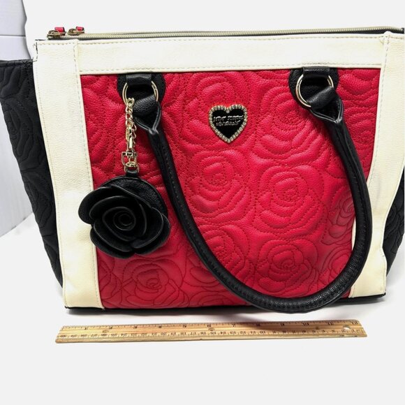 Betsey Johnson NY Satchel Red White Black Rose Quilted Bag Purse *Flaw - Picture 7 of 16